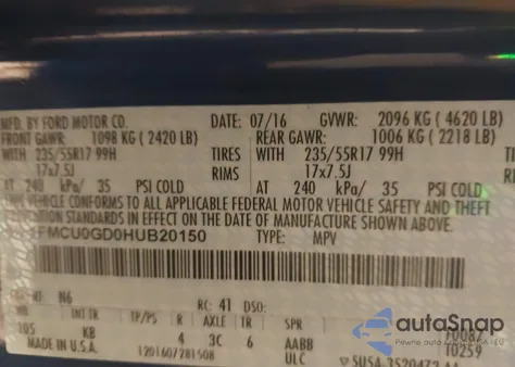 2017 Ford Escape Se из США, поврежденный, VIN 1FMCU0GD0HUB20150